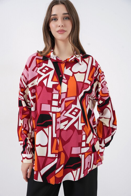 3721 Grafik Desenli Gömlek - Bordo
