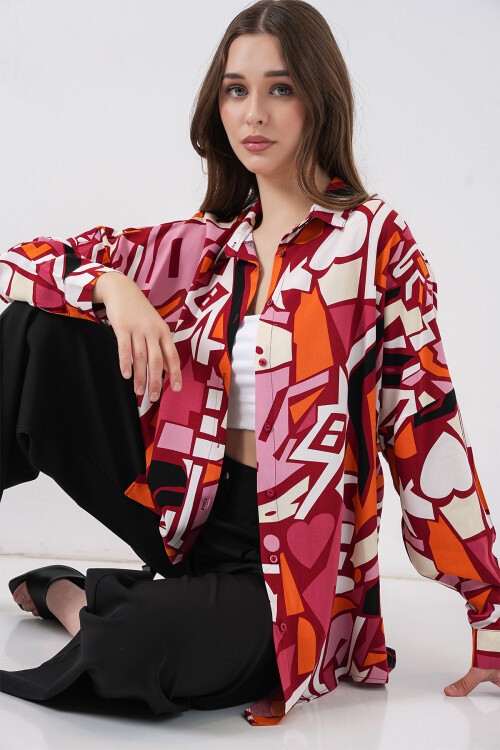 3721 Grafik Desenli Gömlek - Bordo