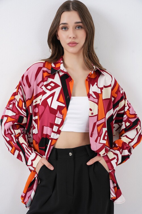 3721 Grafik Desenli Gömlek - Bordo