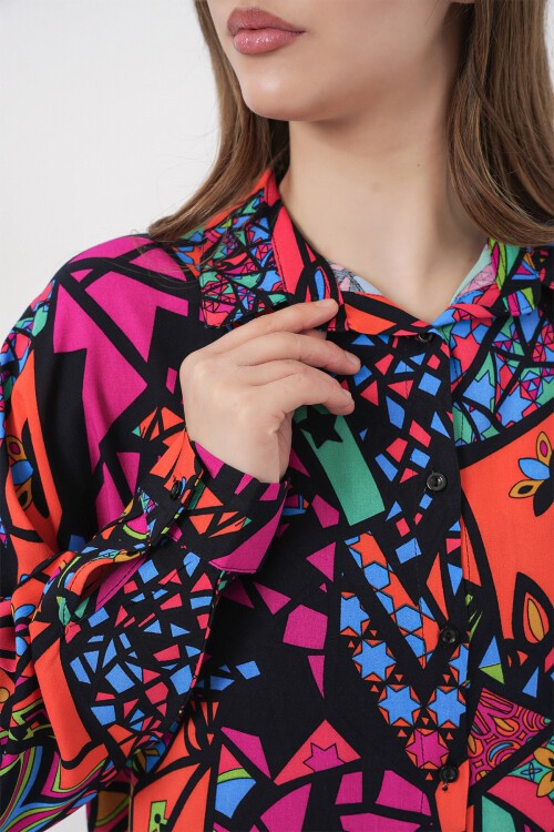 3721 Grafik Desenli Gömlek - Fuşya