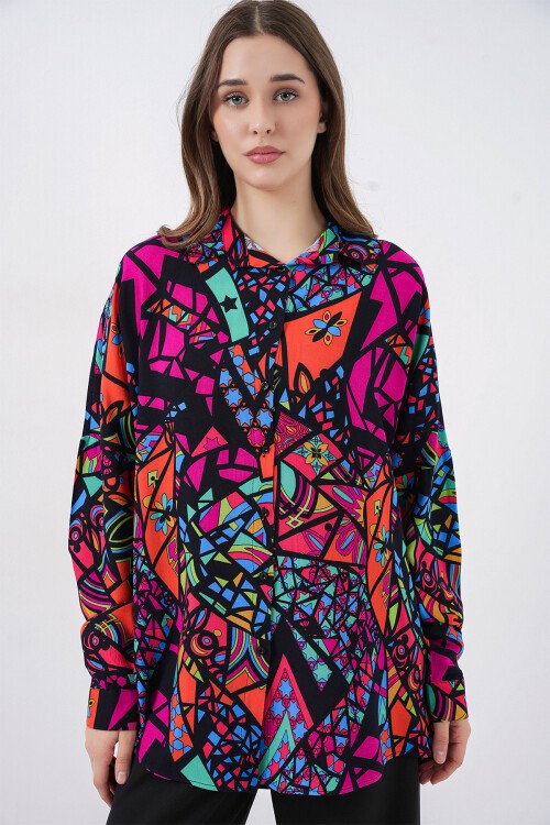 3721 Grafik Desenli Gömlek - Fuşya