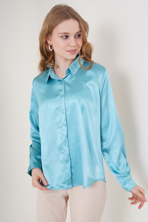3964 Hafif Dökümlü Saten Gömlek - Mint