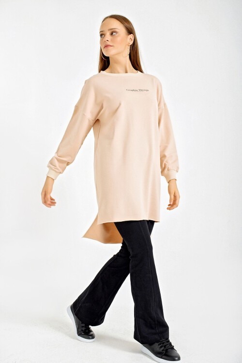 4207 Oversize Baskılı Sweat - Bej