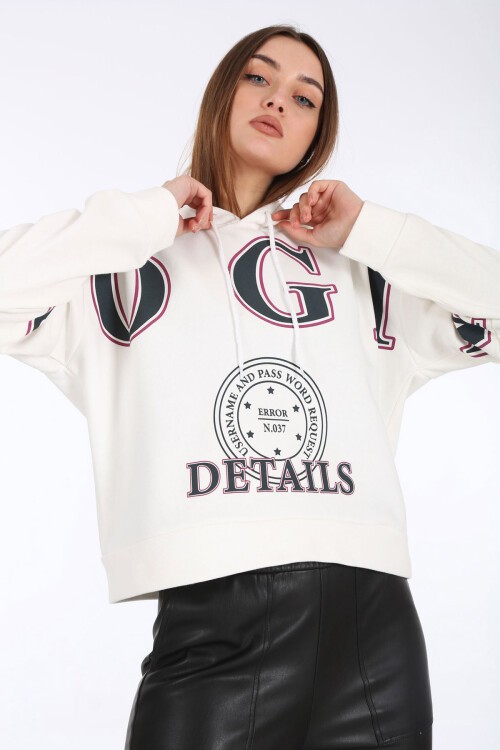 4258 Kapşonlu Önü Baskılı Sweat - Beyaz