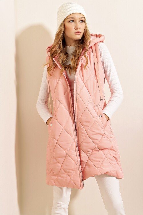 5140 Kapşonlu Uzun Şişme Yelek - Pudra