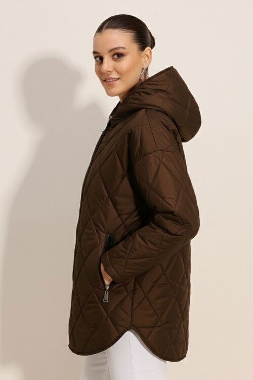 5181 Kapüşonlu Kapitone Mont - Kahverengi