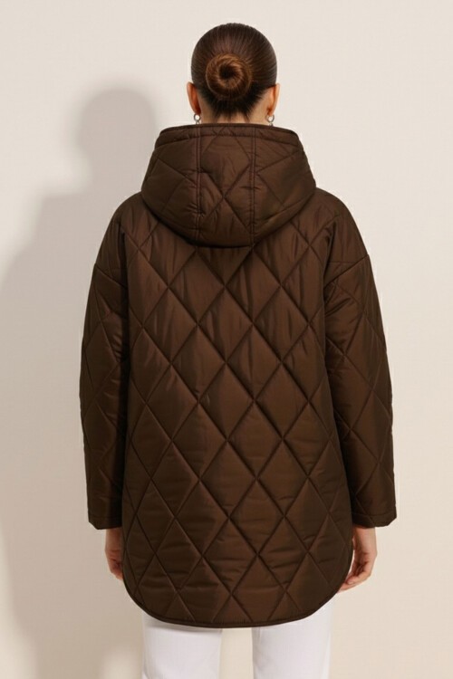 5181 Kapüşonlu Kapitone Mont - Kahverengi