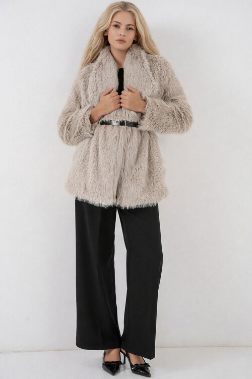 5186 Kruvaze Peluş Kürk Kaban - Krem