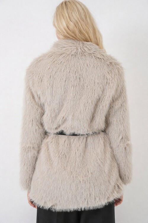 5186 Kruvaze Peluş Kürk Kaban - Krem