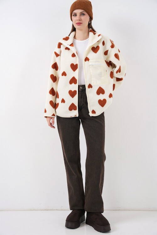 55446 Fermuarlı Oversize Peluş Ceket Mont - K. Taba