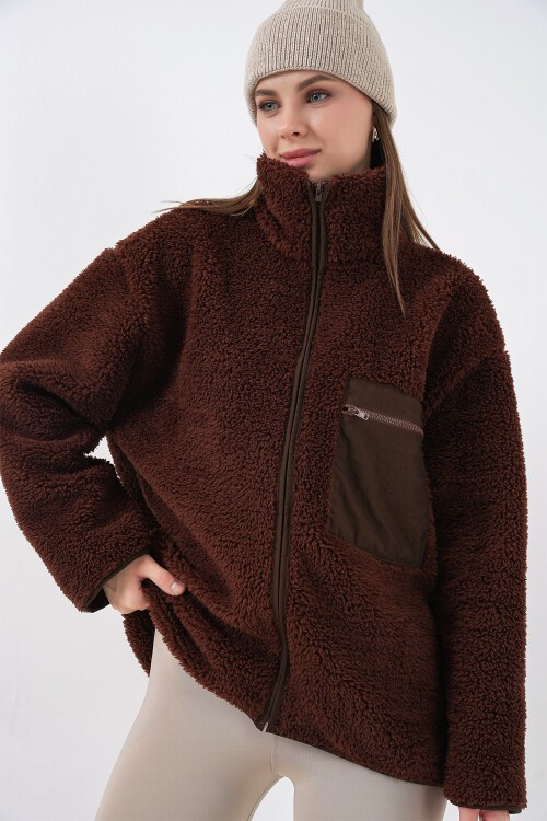 55446 Fermuarlı Oversize Peluş Ceket Mont - Kahverengi