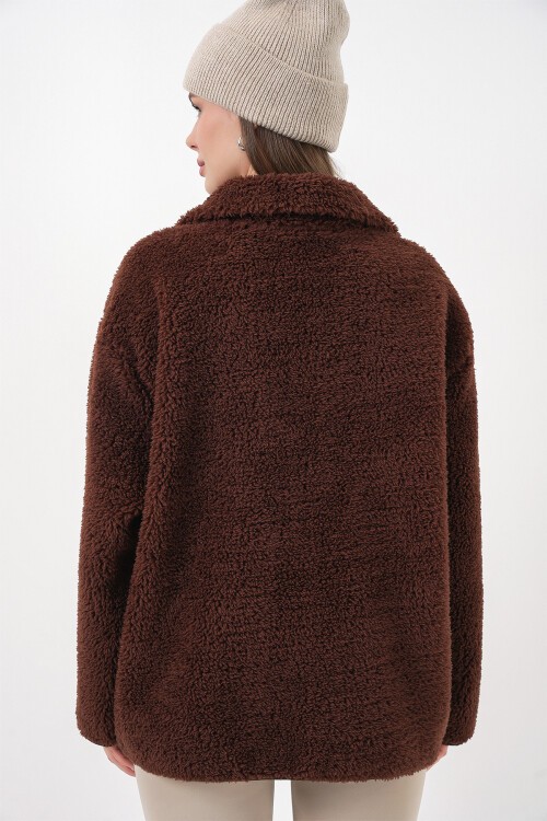 55446 Fermuarlı Oversize Peluş Ceket Mont - Kahverengi