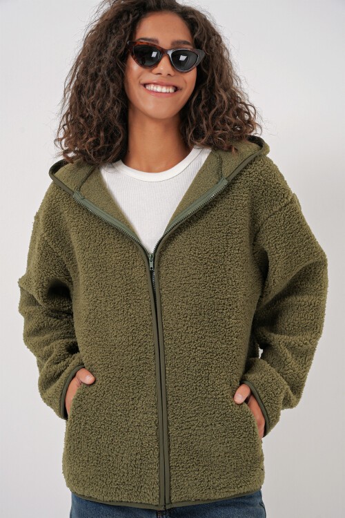 55456 Kadın Kapüşonlu Oversize Peluş Ceket - Haki