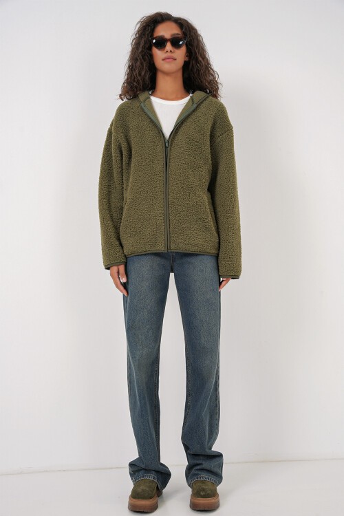 55456 Kadın Kapüşonlu Oversize Peluş Ceket - Haki