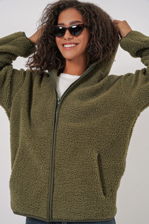 55456 Kadın Kapüşonlu Oversize Peluş Ceket - Haki