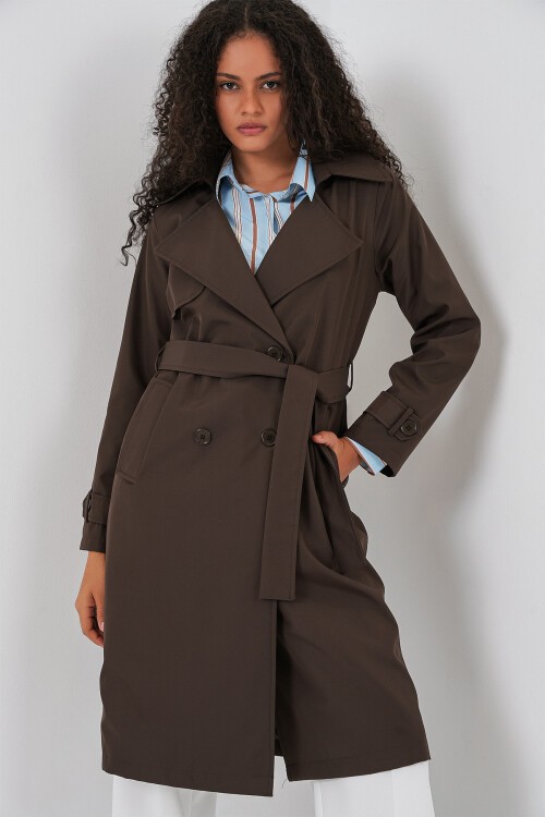 5918 Kruvaze Yaka Trençkot - C. Kahverengi