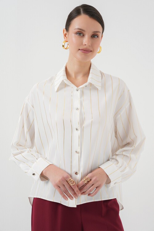 5924 Kadın Gold Çizgili Gömlek - C.Beyaz