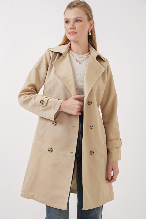 5935 Kruvaze Yaka Trençkot - Bej