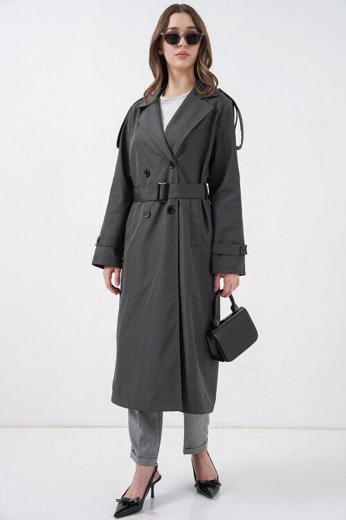 5941 Kruvaze Yaka Uzun Trençkot - Antrasit