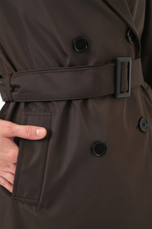 5941 Kruvaze Yaka Uzun Trençkot - Kahverengi