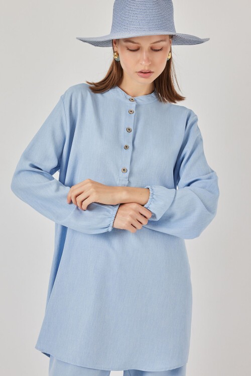 6678 Keten Tunik Pantolon İkili Takım - Mavi