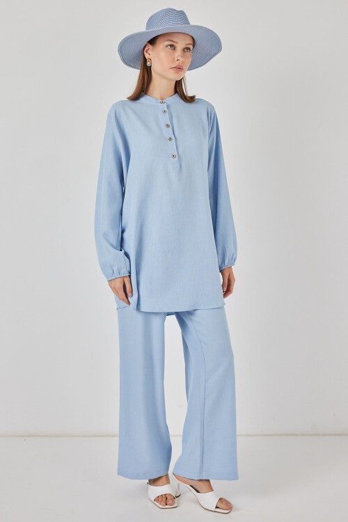 6678 Keten Tunik Pantolon İkili Takım - Mavi