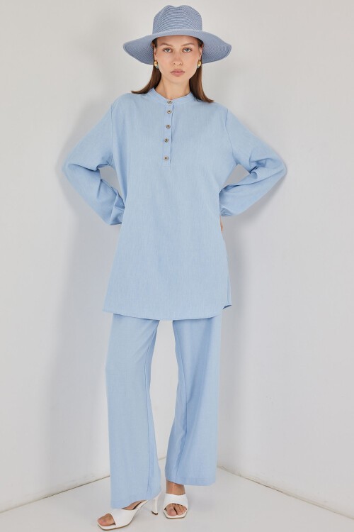 6678 Keten Tunik Pantolon İkili Takım - Mavi