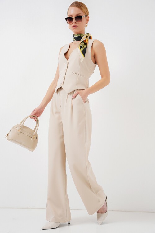 6709 Kadın Yelek Pantolon İkili Takım - Krem