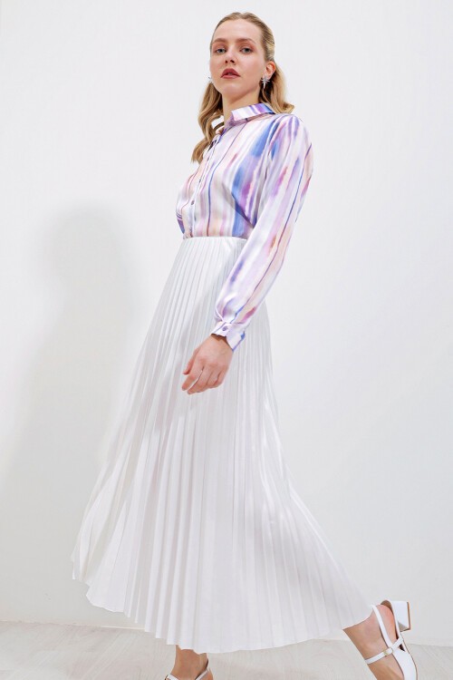 8009 Deri Görünümlü Piliseli Etek - Beyaz