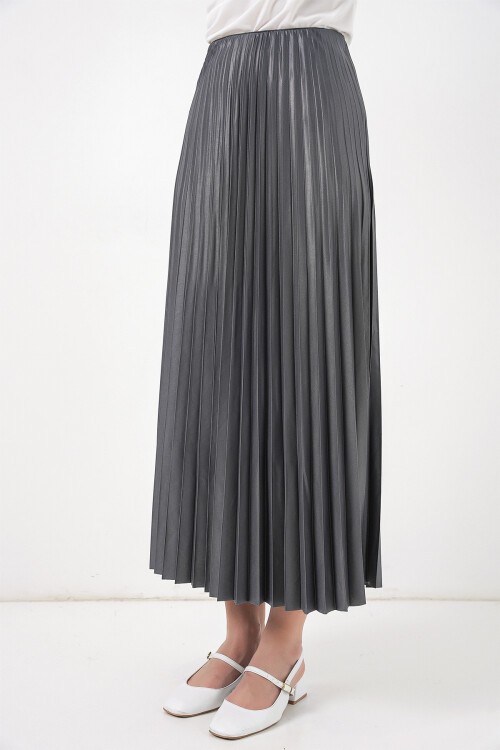 8009 Deri Görünümlü Piliseli Etek - Gri