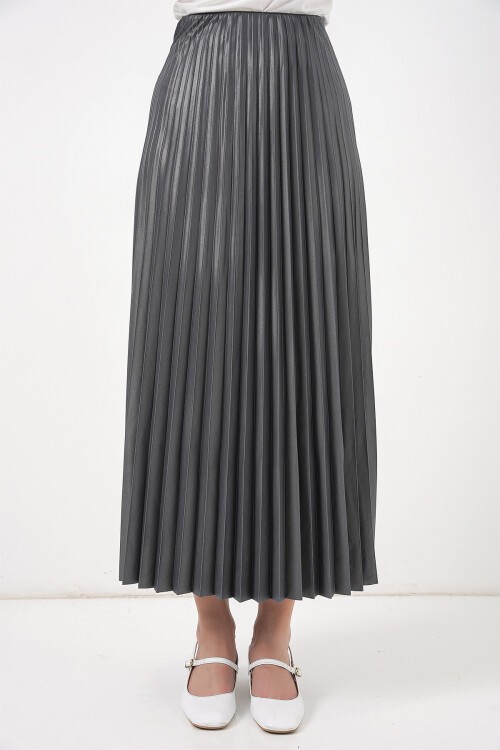 8009 Deri Görünümlü Piliseli Etek - Gri