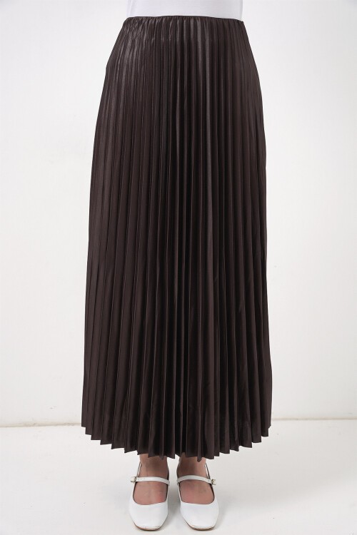 8009 Deri Görünümlü Piliseli Etek - Kahverengi