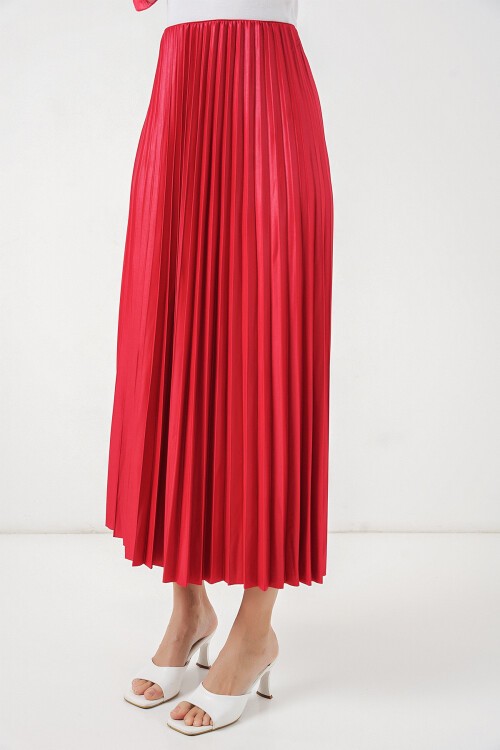 8009 Deri Görünümlü Piliseli Etek - Kırmızı