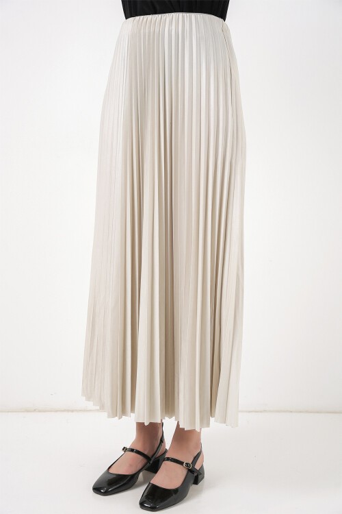 8009 Deri Görünümlü Piliseli Etek - Krem