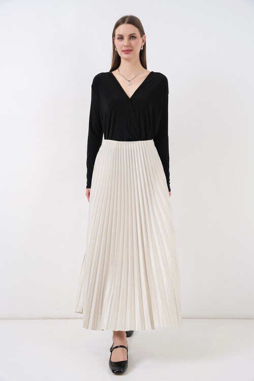 8009 Deri Görünümlü Piliseli Etek - Krem