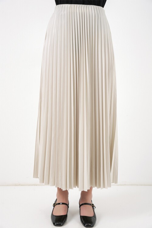 8009 Deri Görünümlü Piliseli Etek - Krem