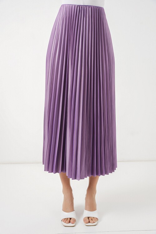 8009 Deri Görünümlü Piliseli Etek - Lila