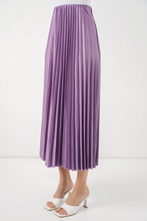 8009 Deri Görünümlü Piliseli Etek - Lila