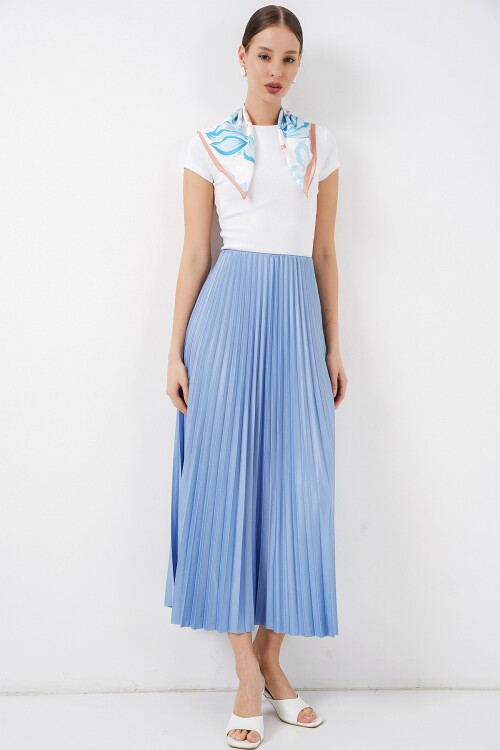 8009 Deri Görünümlü Piliseli Etek - Mavi