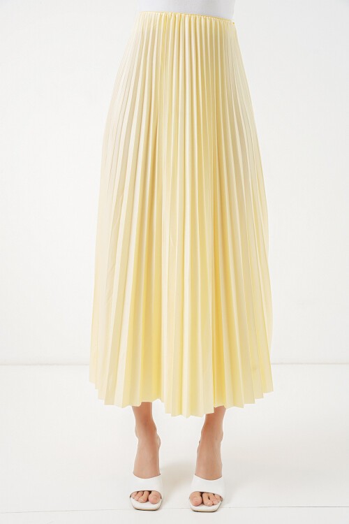 8009 Deri Görünümlü Piliseli Etek - Sarı