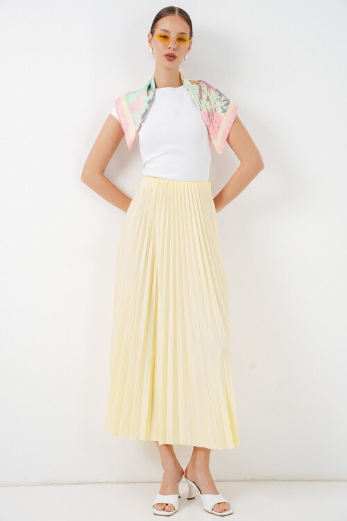 8009 Deri Görünümlü Piliseli Etek - Sarı