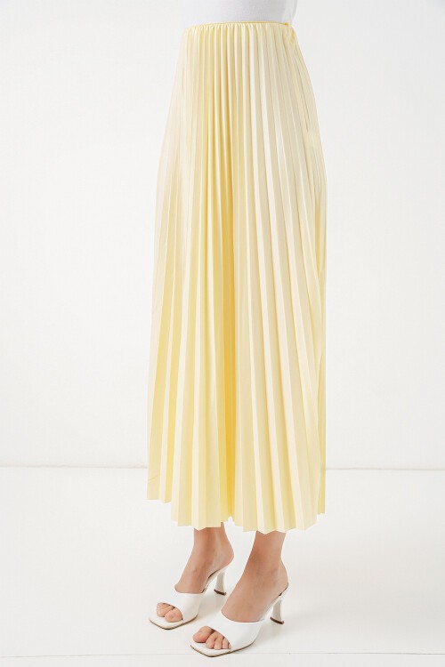 8009 Deri Görünümlü Piliseli Etek - Sarı