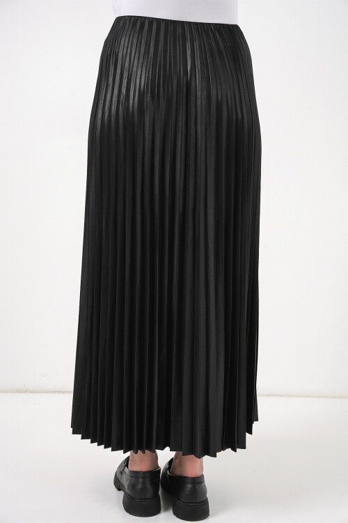 8009 Deri Görünümlü Piliseli Etek - Siyah