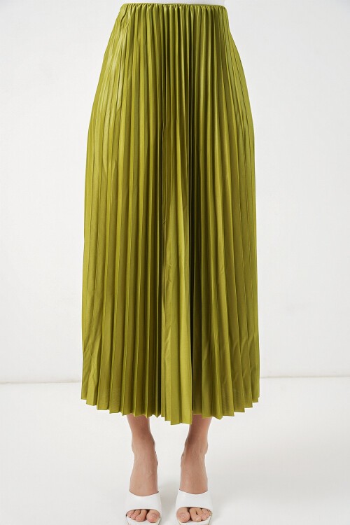 8009 Deri Görünümlü Piliseli Etek - Yağ Yeşil