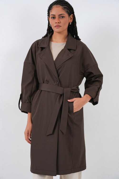 9104 Kruvaze Yaka Astarlı Trençkot - A.Kahve