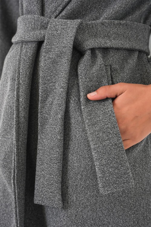 9118 Kruvaze Yaka Kaşe Kaban - Füme