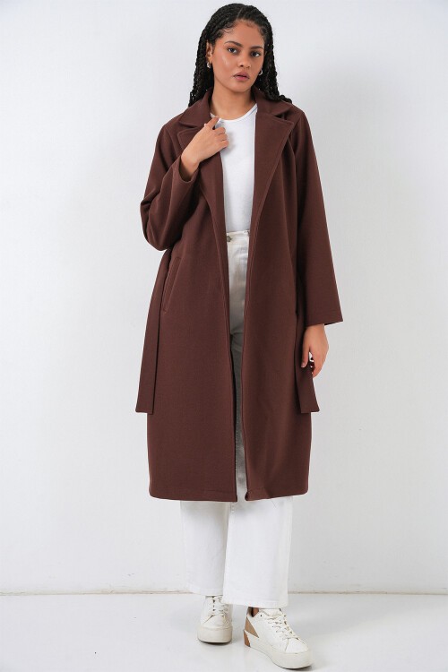 9118 Kruvaze Yaka Kaşe Kaban - Kahverengi