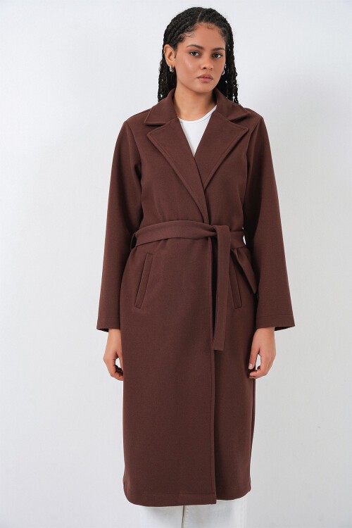 9118 Kruvaze Yaka Kaşe Kaban - Kahverengi