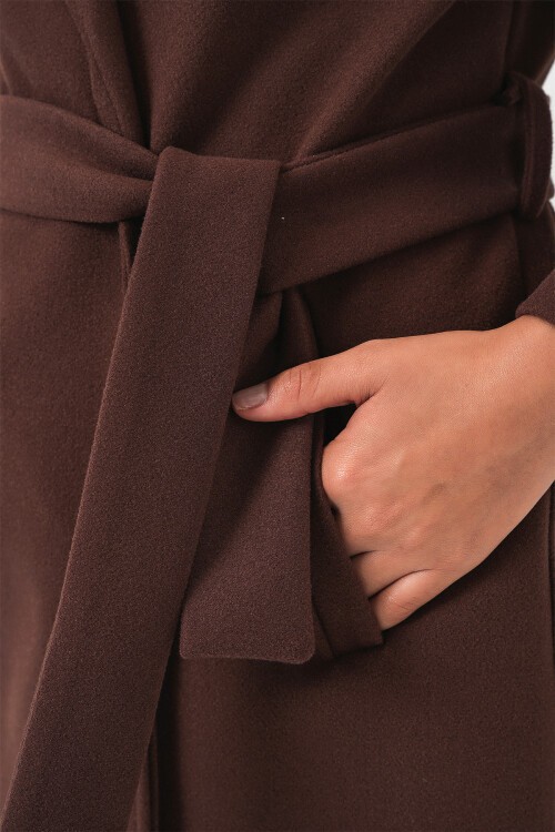 9118 Kruvaze Yaka Kaşe Kaban - Kahverengi