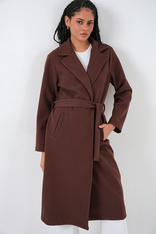 9118 Kruvaze Yaka Kaşe Kaban - Kahverengi